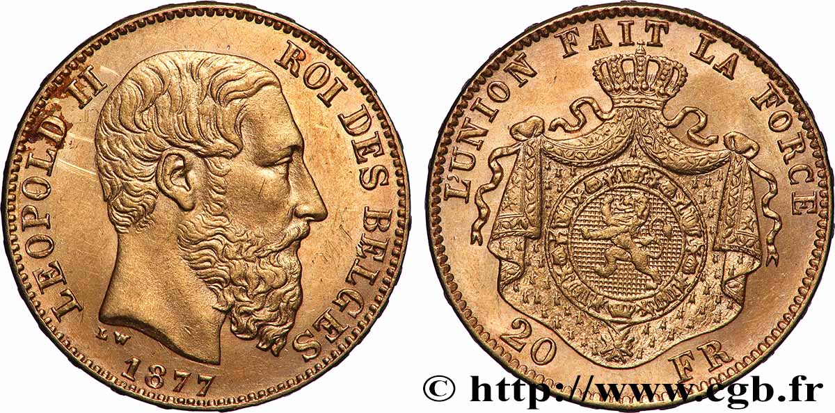 GOLD, PALLADIUM & PLATINUM INVESTMENT 20 Francs Léopold II 1877 Bruxelles AU