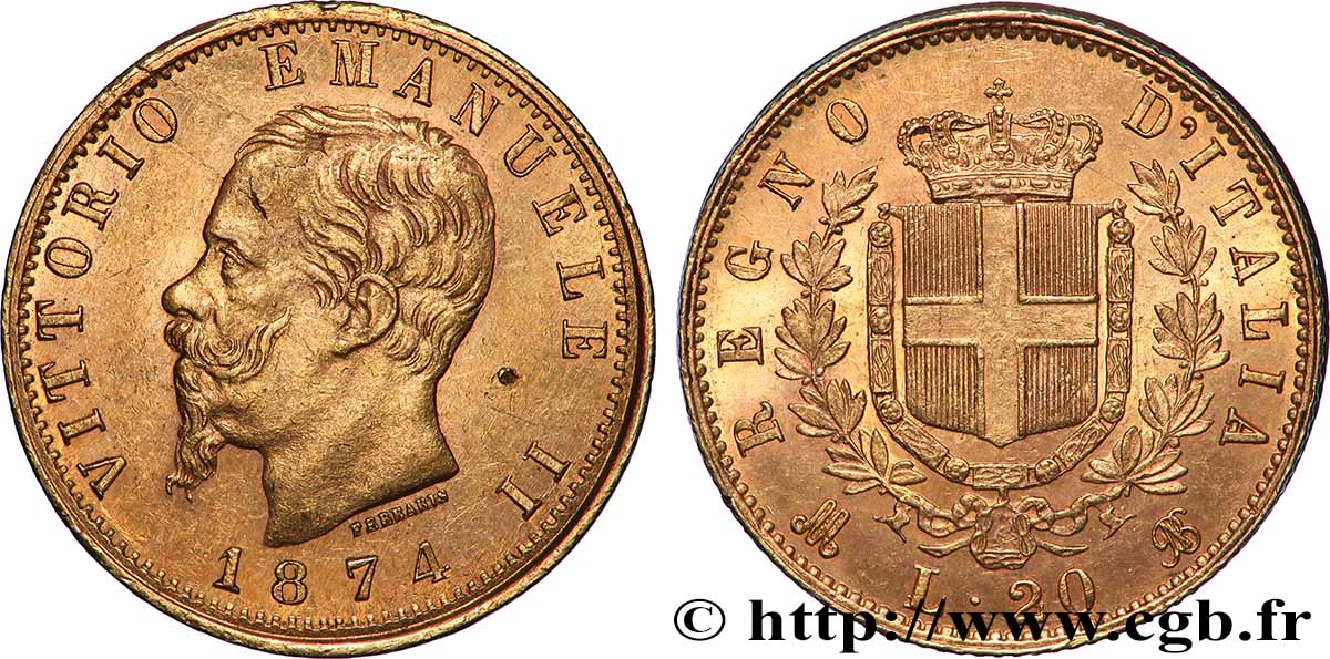 GOLD, PALLADIUM & PLATINUM INVESTMENT 20 Lire Victor Emmanuel II 1874 Milan AU/AU