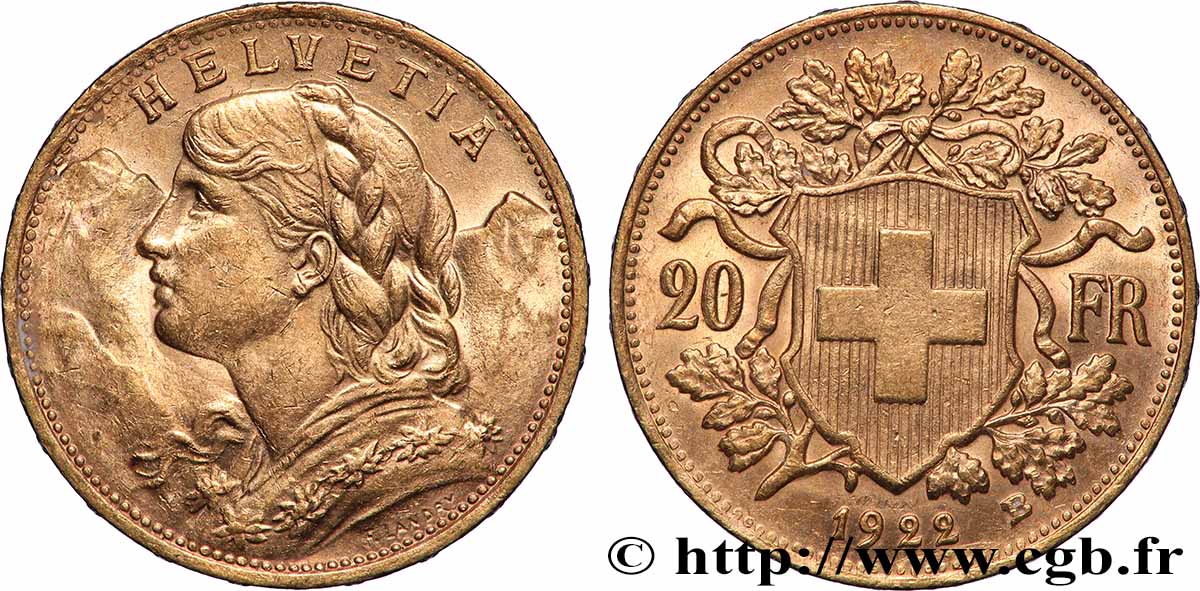 GOLD, PALLADIUM & PLATINUM INVESTMENT 20 Francs Vreneli 1922 Berne AU