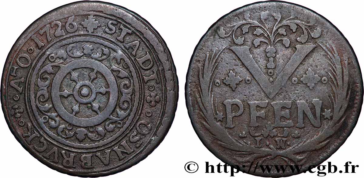 ALLEMAGNE - OSNABRÜCK 5 Pfennig emblème à la roue 1726 TB+