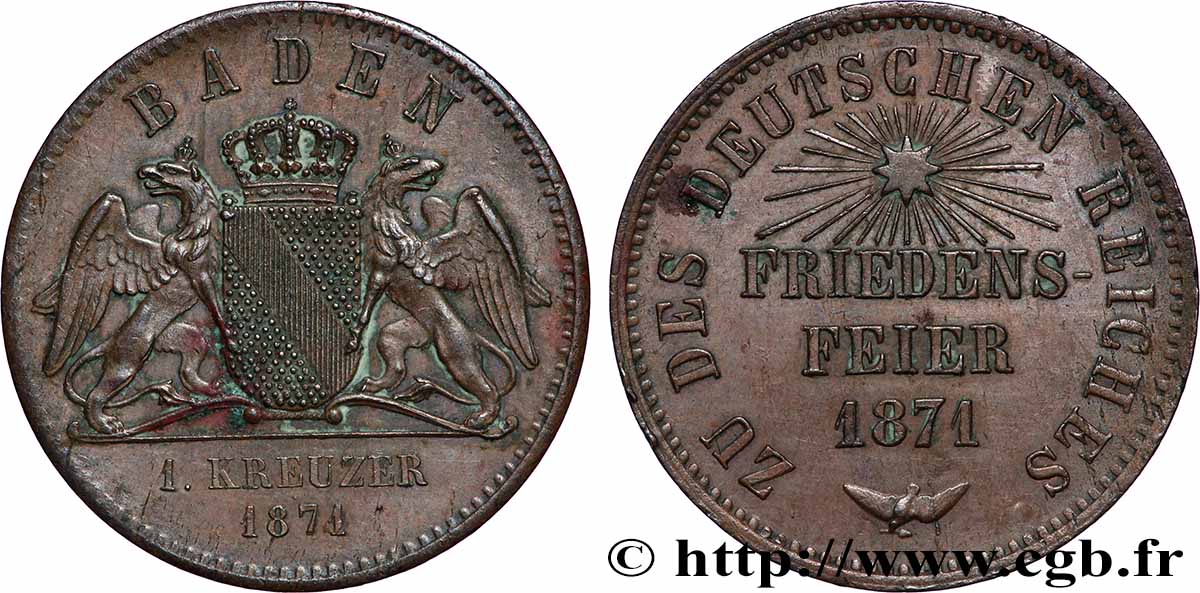 GERMANY - BADEN 1 Kreuzer célébration de la paix (Friedensfeier) 1871 Karlsruhe AU