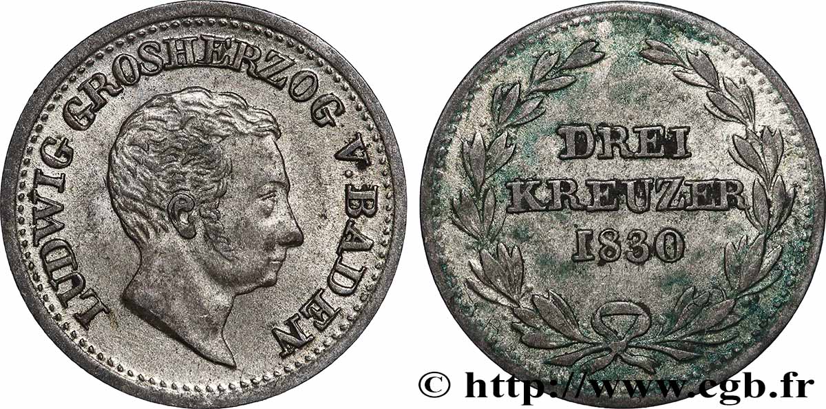 GERMANIA - GRANDUCATO DI BADEN - LUIGI I 3 Kreuzer 1830 Karlsruhe BB