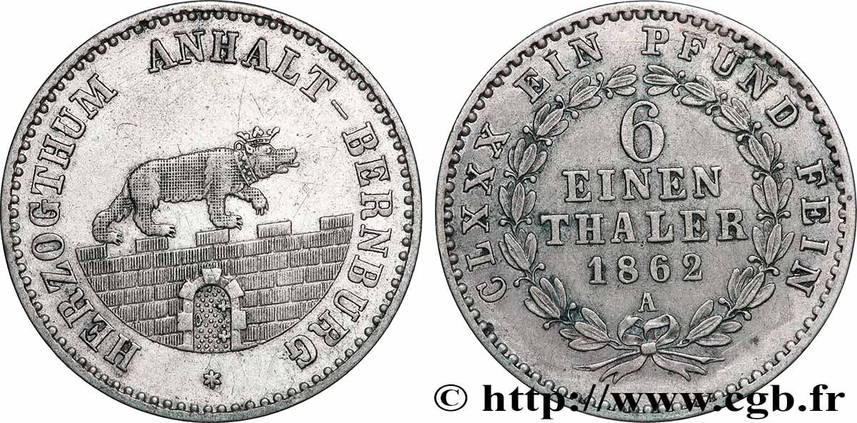 GERMANY - ANHALT 1/6 Thaler 1862 XF