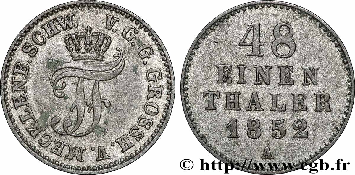 GERMANIA - GRANDUCATO DE MECLEMBURGO-SCHWERIN 1/48 Thaler Frédéric François II 1852 BB