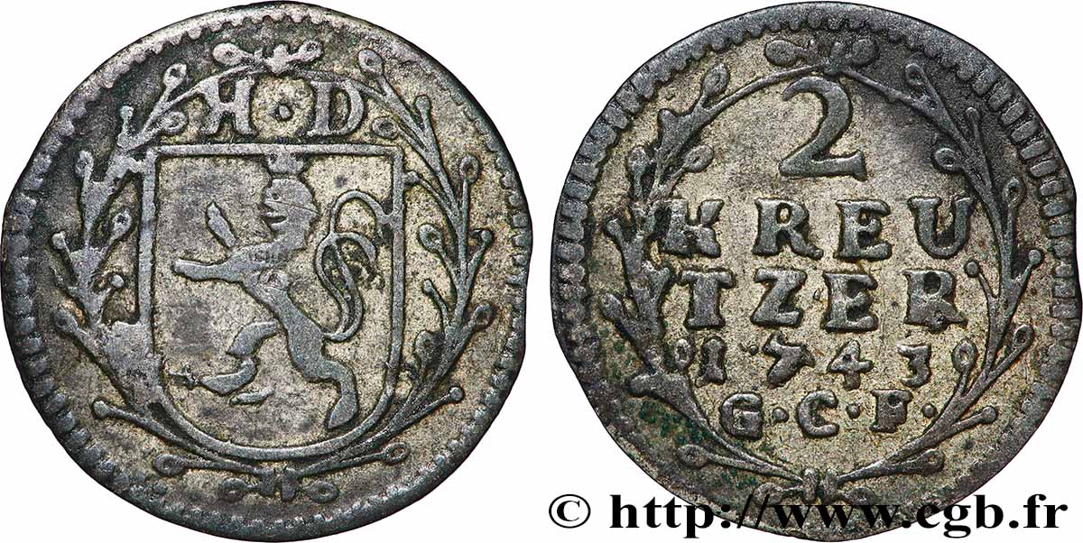 DEUTSCHLAND - HESSEN-DARMSTADT 2 Kreuzer Louis VIII 1743 SS