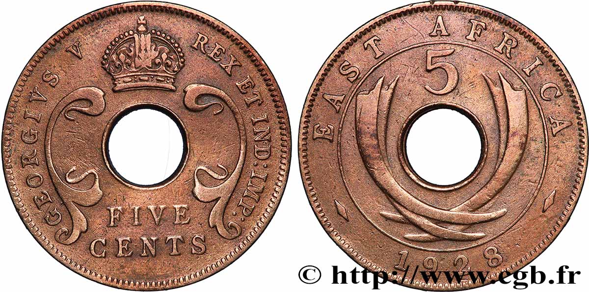 EAST AFRICA 5 Cents Georges V 1928 Londres VF