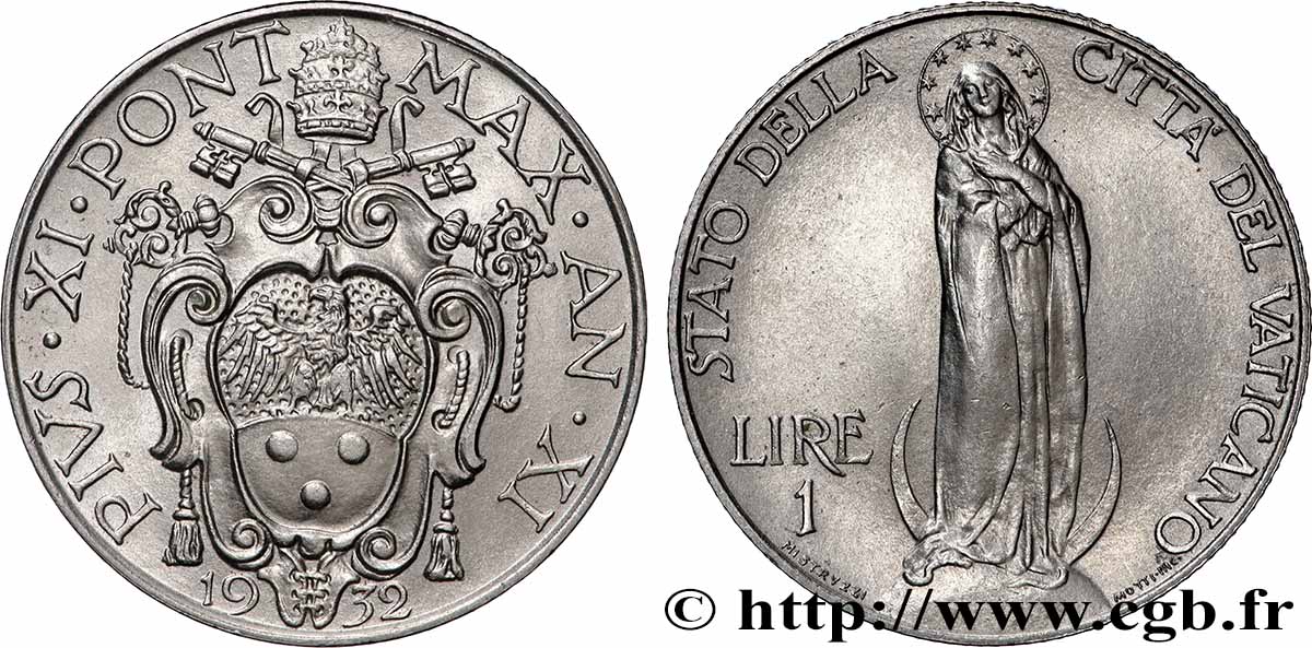 VATICAN ET ÉTATS PONTIFICAUX 1 Lire frappe au nom de Pie XI an XIII 1932 Rome SUP