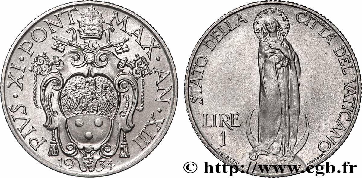 VATICAN ET ÉTATS PONTIFICAUX 1 Lire frappe au nom de Pie XI an XIII 1934 Rome SUP
