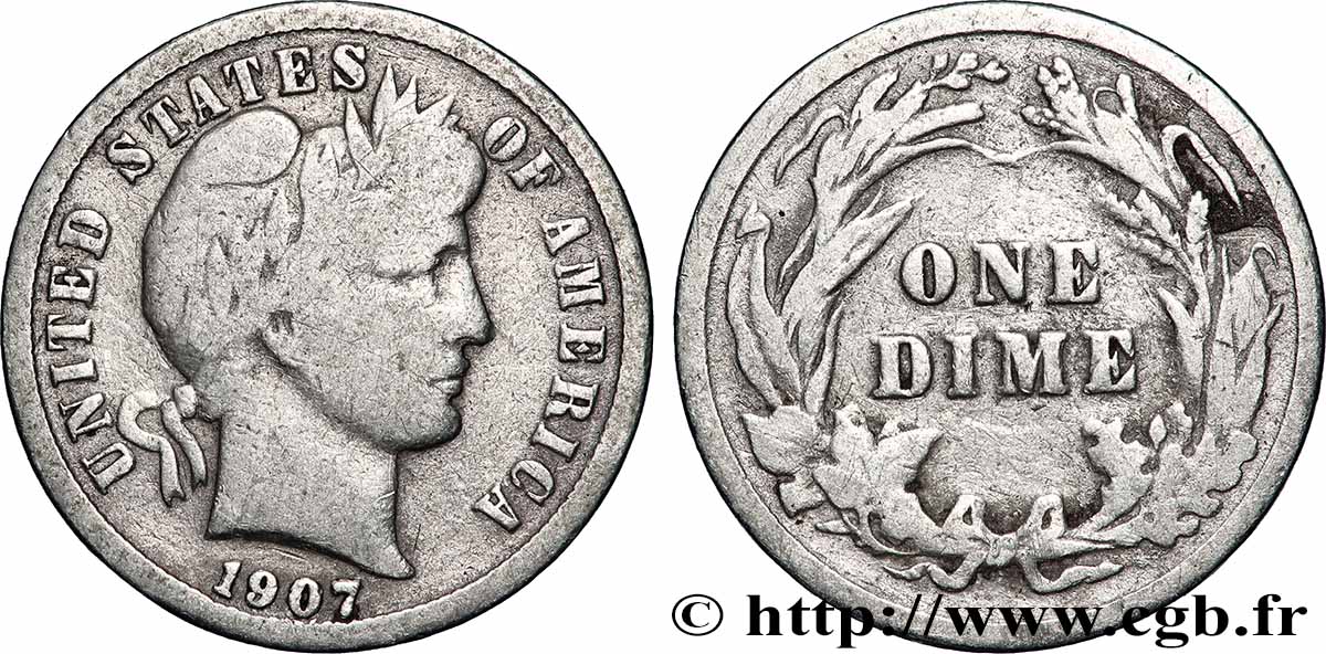 ÉTATS-UNIS D AMÉRIQUE 1 Dime Barber 1907 Philadelphie TB