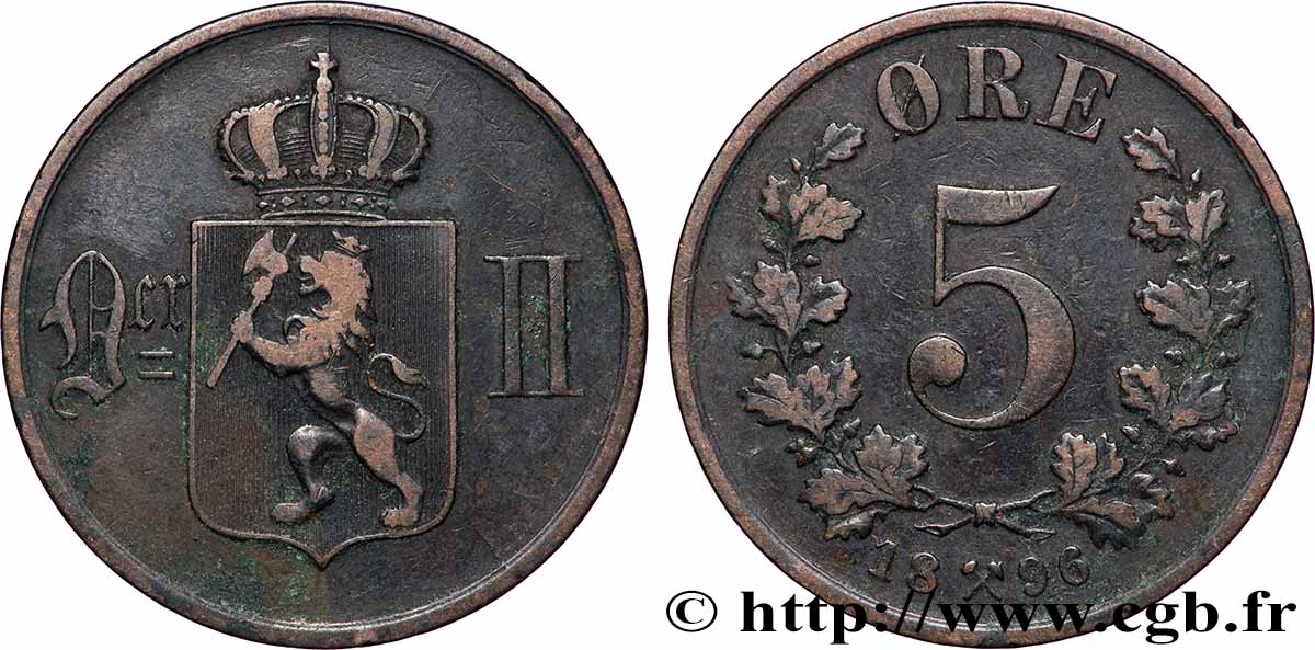 NORVÈGE 5 Ore Oscar II 1896 Kongsberg TTB