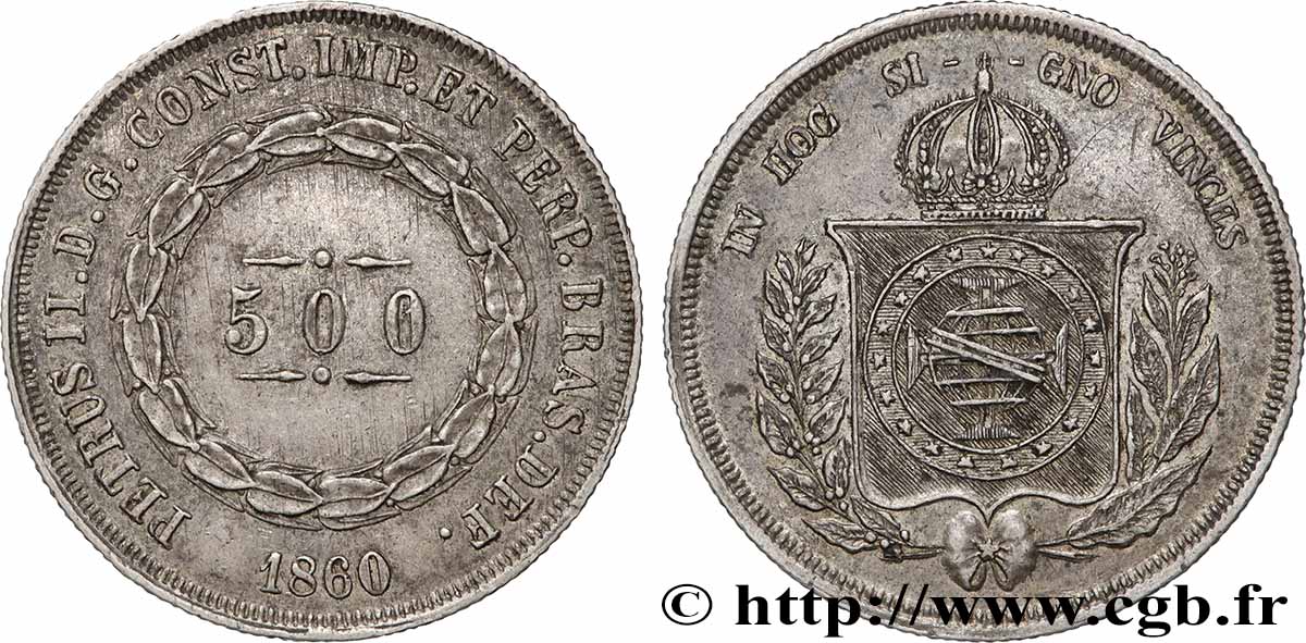 BRÉSIL 500 Reis au nom de l’Empereur Pierre II 1860 TTB+