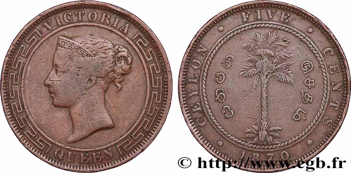 CEYLON 5 Cents Victoria 1870 Calcutta VF