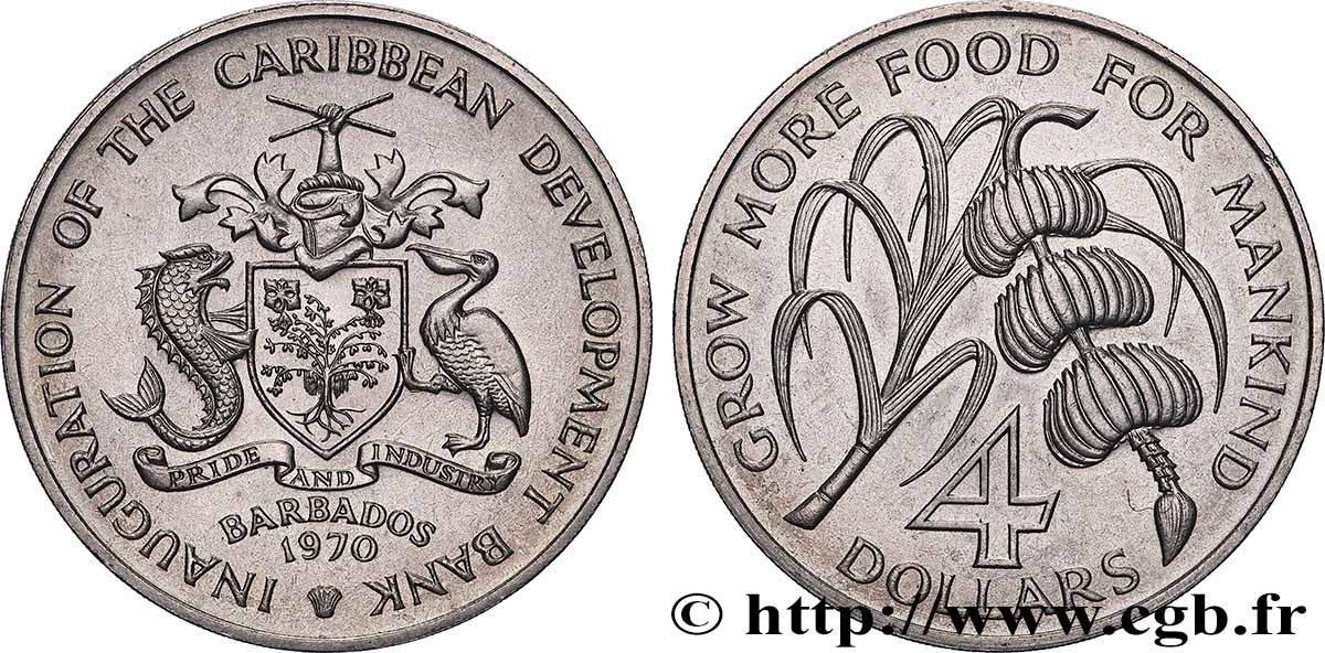 BARBADE 4 Dollars Inauguration de la Banque de Développement des Caraïbes 1970 Londres SPL