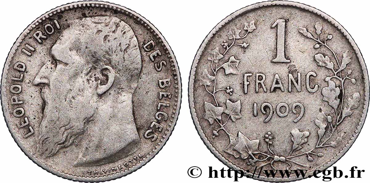 BELGIQUE 1 Franc Léopold II légende française 1909 Bruxelles TB+