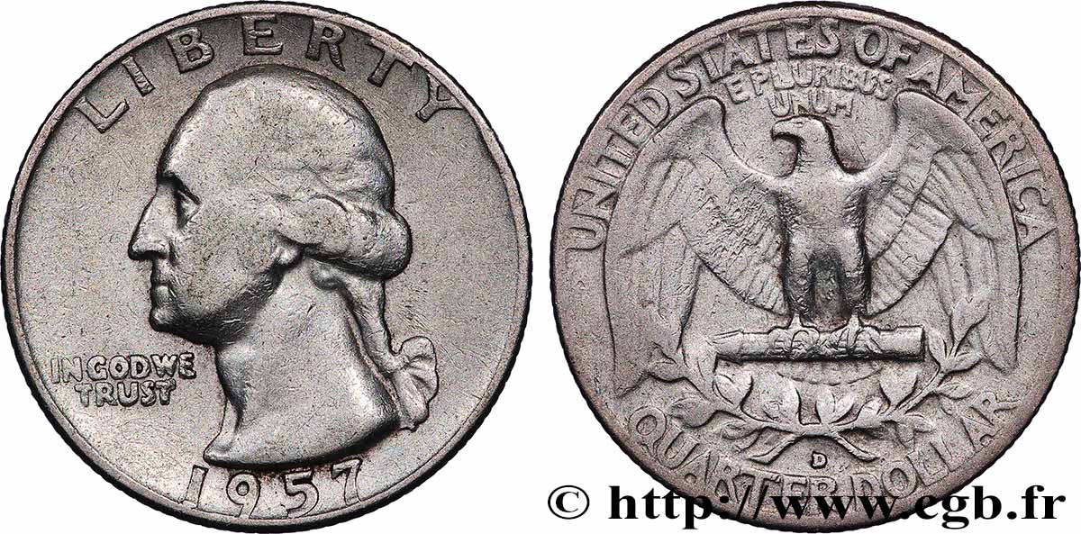 ÉTATS-UNIS D AMÉRIQUE 1/4 Dollar Georges Washington 1957 Denver - D TB+