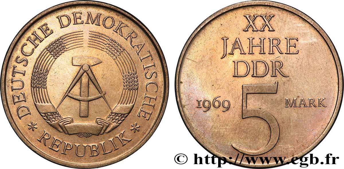 GERMAN DEMOCRATIC REPUBLIC 5 Mark 20e anniversaire de la fondation de la RDA 1969 Berlin AU