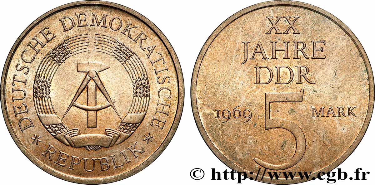 GERMAN DEMOCRATIC REPUBLIC 5 Mark 20e anniversaire de la fondation de la RDA 1969 Berlin AU
