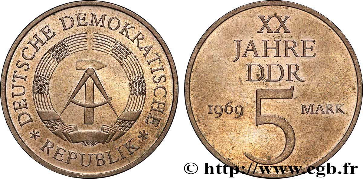 ALLEMAGNE RÉPUBLIQUE DÉMOCRATIQUE 5 Mark 20e anniversaire de la fondation de la RDA 1969 Berlin TTB+