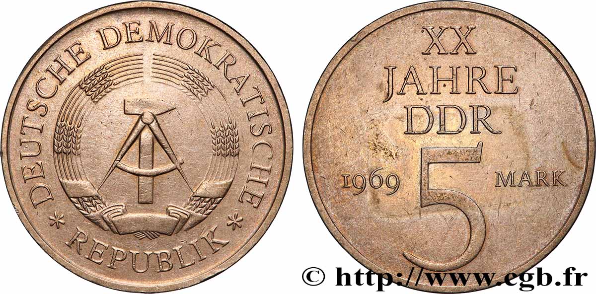 REPUBBLICA DEMOCRATICA TEDESCA 5 Mark 20e anniversaire de la fondation de la RDA 1969 Berlin q.SPL