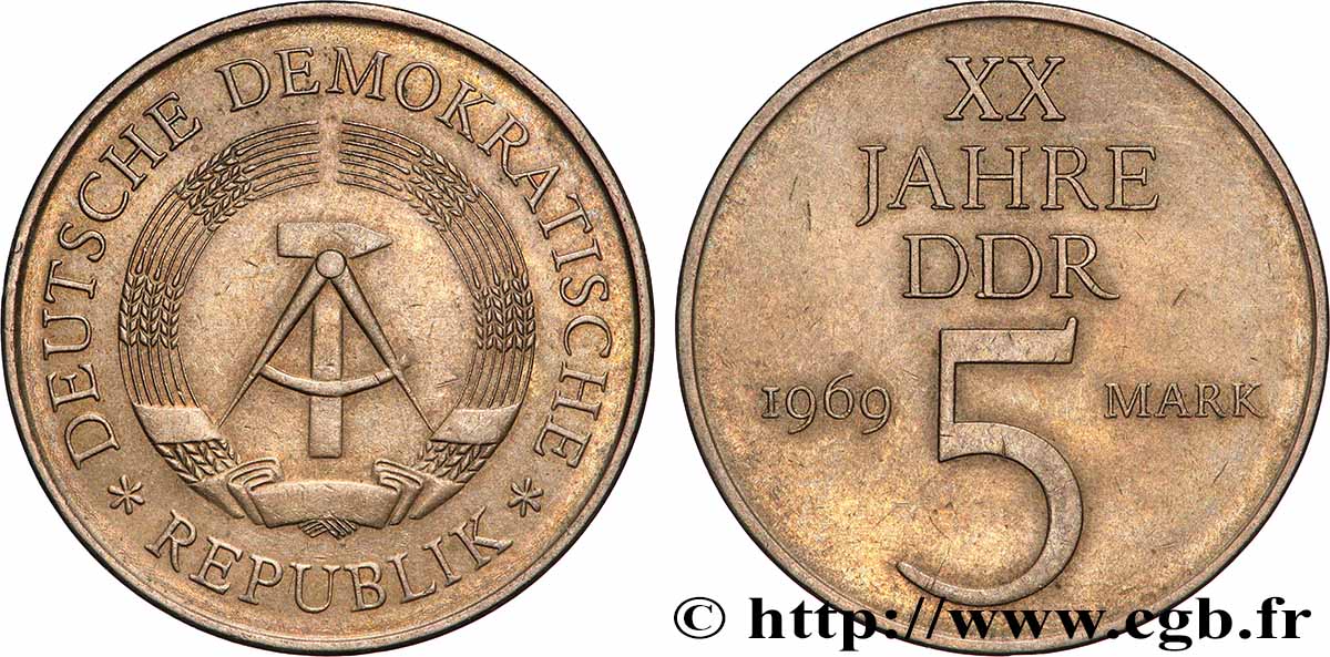 GERMAN DEMOCRATIC REPUBLIC 5 Mark 20e anniversaire de la fondation de la RDA 1969 Berlin AU