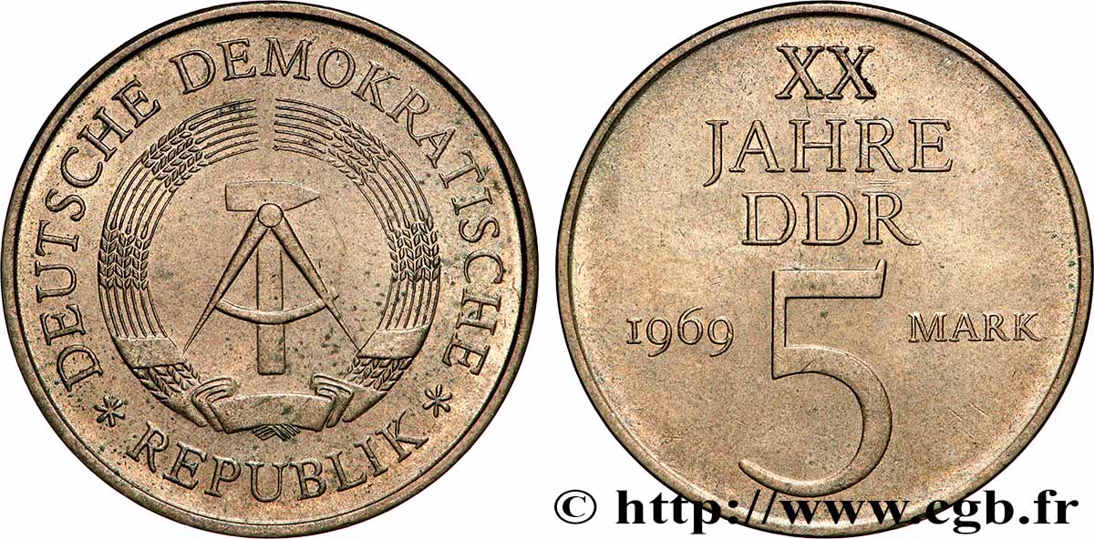 DEUTSCHE DEMOKRATISCHE REPUBLIK 5 Mark 20e anniversaire de la fondation de la RDA 1969 Berlin fVZ