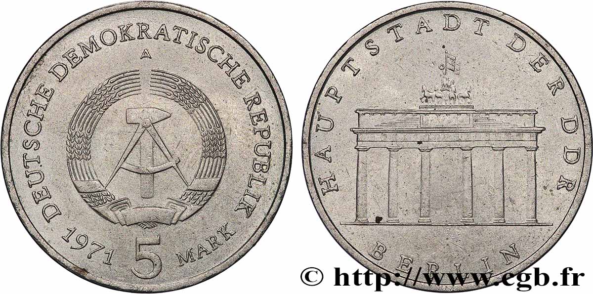 REPUBBLICA DEMOCRATICA TEDESCA 5 Mark porte de Brandebourg à Berlin 1971 Berlin q.SPL