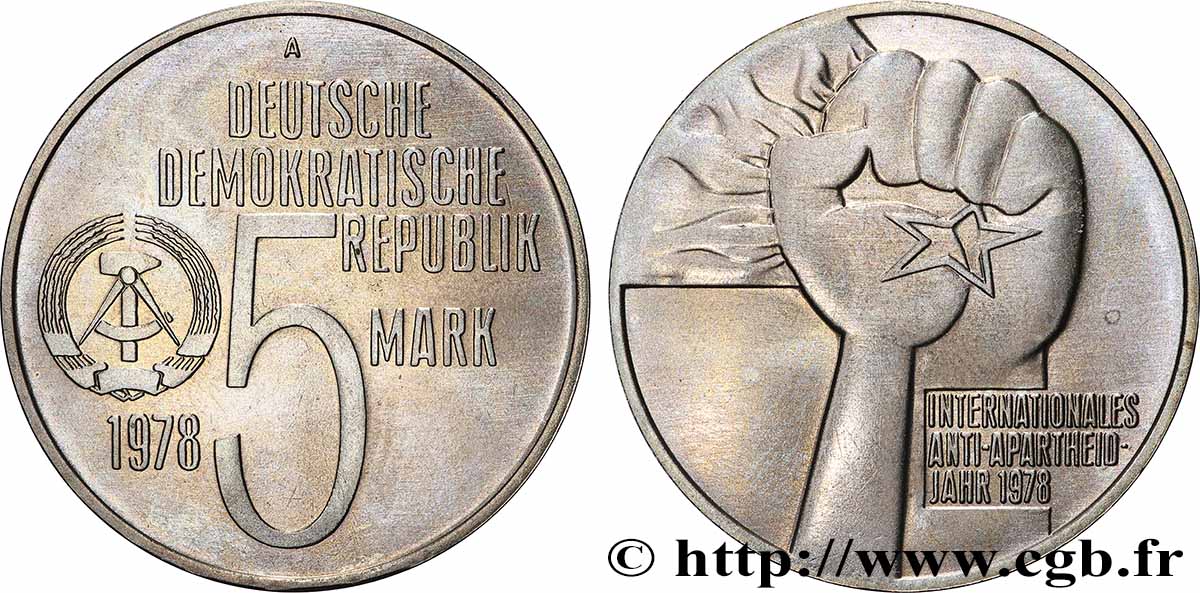 ALLEMAGNE RÉPUBLIQUE DÉMOCRATIQUE 5 Mark Année Internationale de l’anti-apartheid 1978 SUP