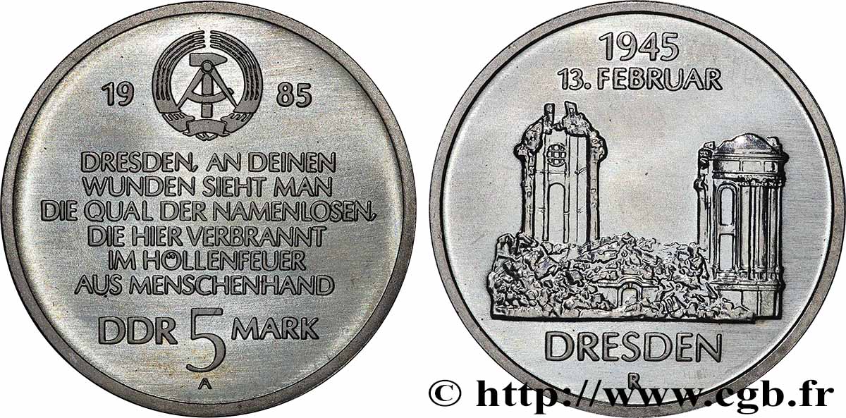 ALLEMAGNE RÉPUBLIQUE DÉMOCRATIQUE 5 Mark Église Notre-Dame de Dresde 1985 SPL