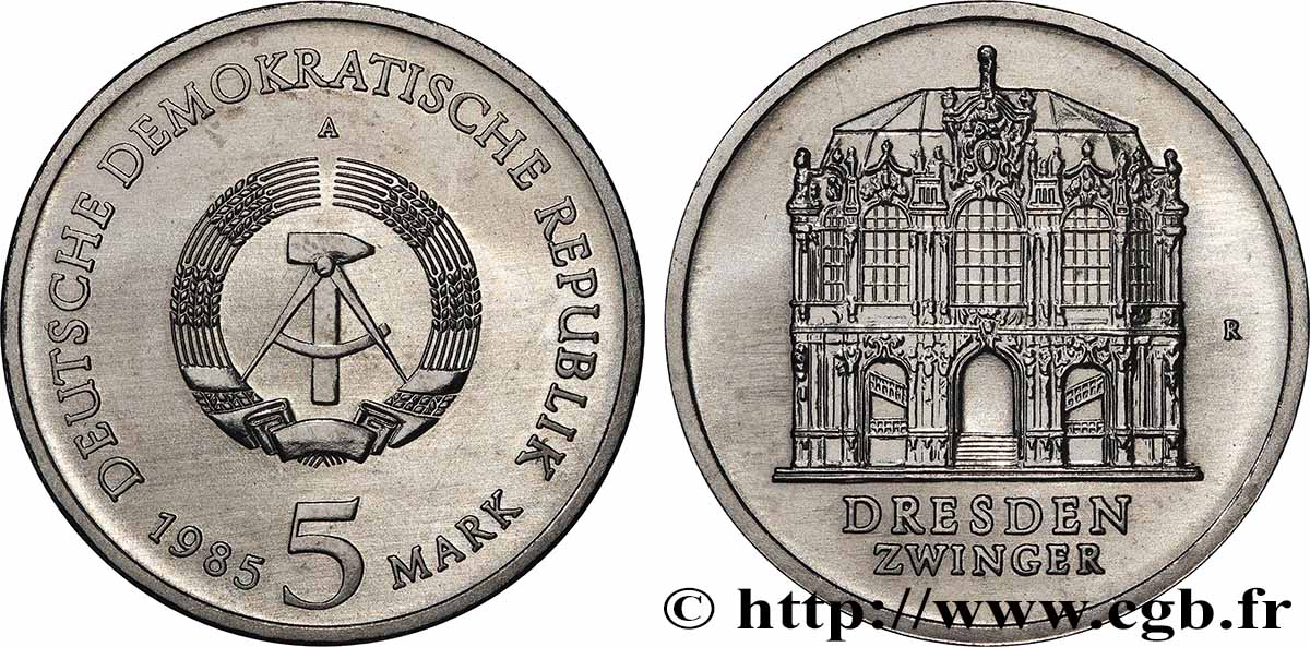 ALLEMAGNE RÉPUBLIQUE DÉMOCRATIQUE 5 Mark 40 ans de la destruction de Dresde 1985 SPL