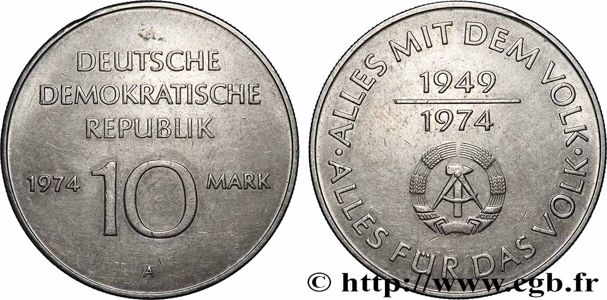 ALLEMAGNE RÉPUBLIQUE DÉMOCRATIQUE 10 Mark 25 ans de la république démocratique 1974 Berlin SUP