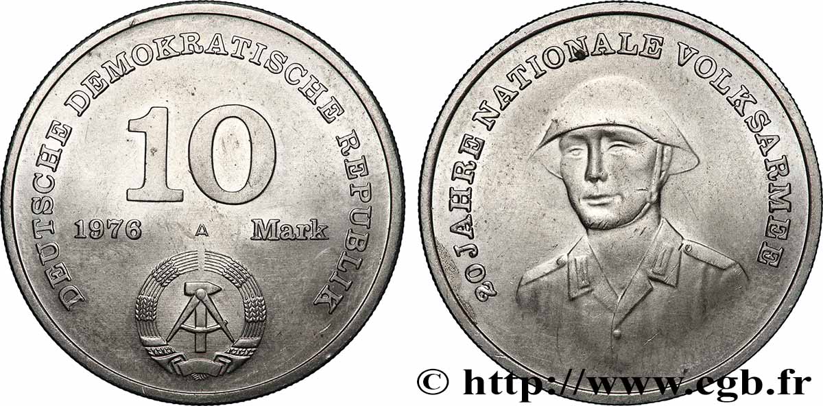 ALLEMAGNE RÉPUBLIQUE DÉMOCRATIQUE 10 Mark 20e anniversaire de l’armée nationale 1976 Berlin TTB+
