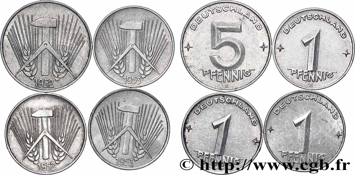 ALLEMAGNE RÉPUBLIQUE DÉMOCRATIQUE Lot 3 x 1 Pfennig et 5 Pfennig n.d. Berlin lot