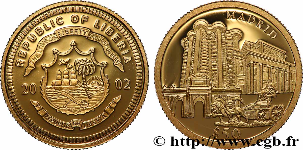 LIBERIA 50 Dollars Proof Madrid 2002 ST