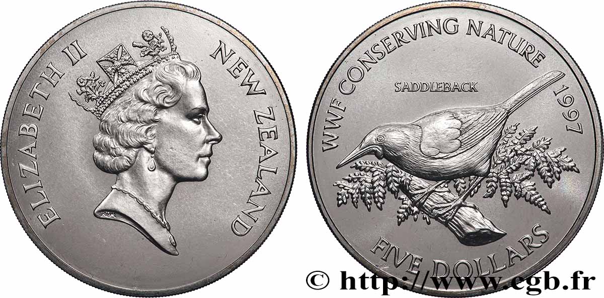 NEUSEELAND
5 Dollars Conservation de la Nature WWF : Elisabeth II / créadion rounoir 1997 fST
