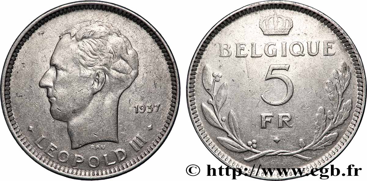 BELGIQUE 5 Francs Léopold III 1937 Bruxelles TB+