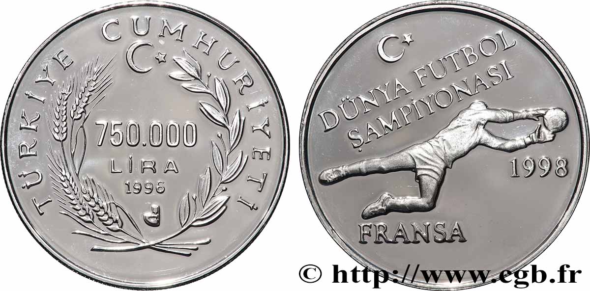 TURKEY 750.000 Lira Proof coupe du Monde de football 1998 1996 MS