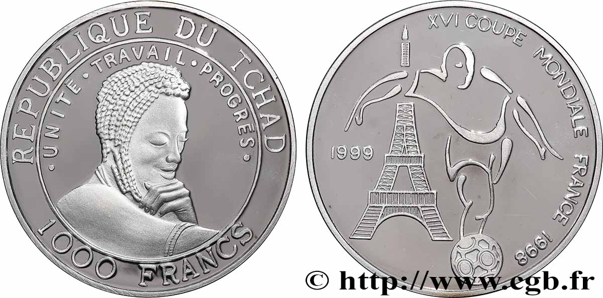 CHAD 1000 Francs Proof XVI Coupe du Monde de Football 1998 1999 MS
