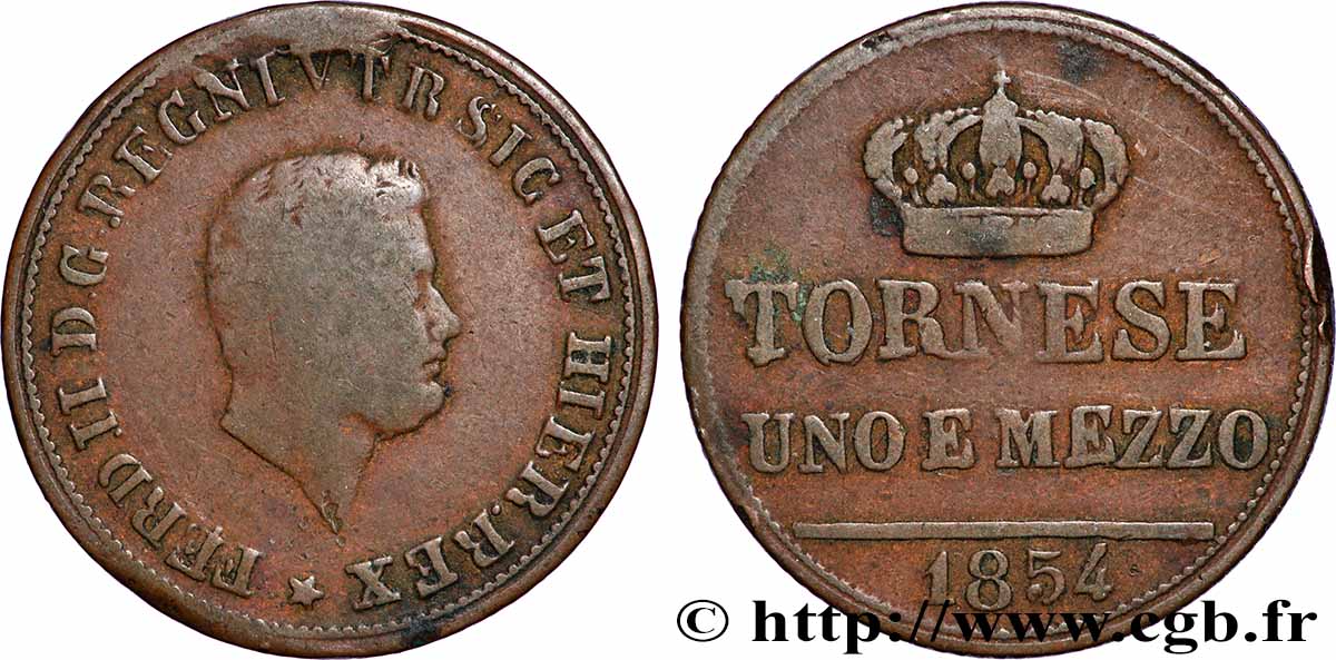 ITALIE - ROYAUME DES DEUX-SICILES - FERDINAND II 1 1/2 Tornese 1854 Naples TB