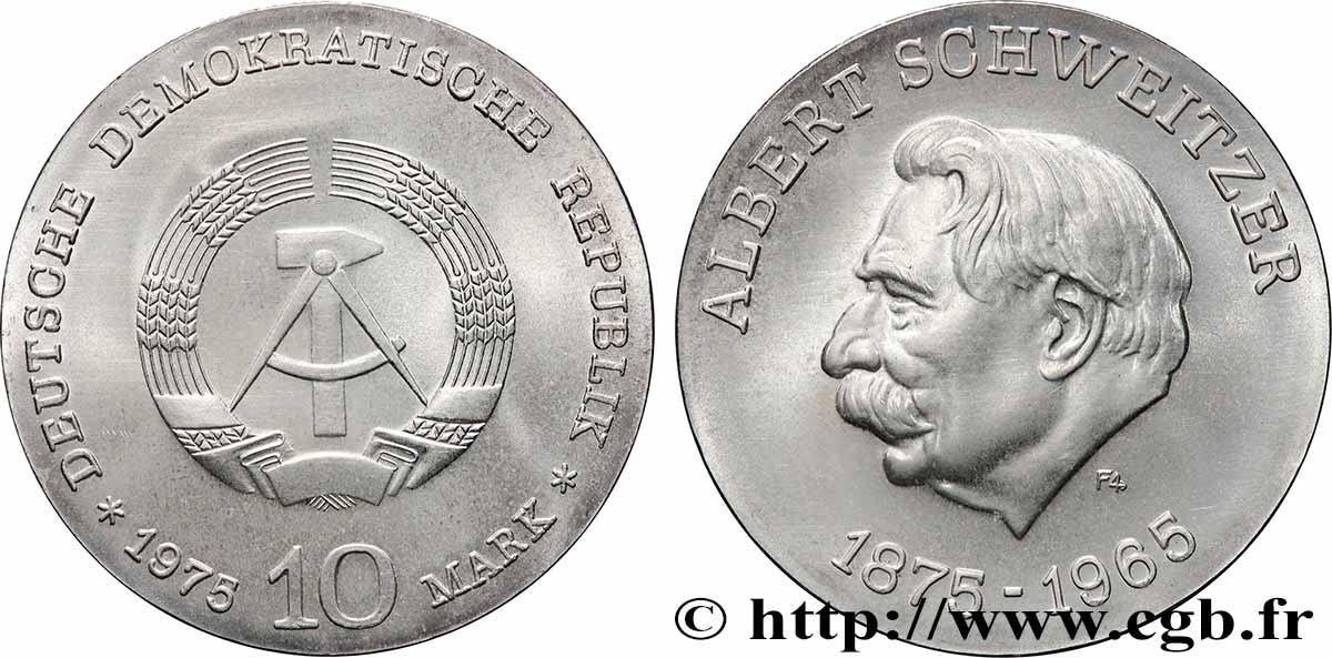 DEUTSCHE DEMOKRATISCHE REPUBLIK 10 Mark Albert Schweitzer / armes de la RDA 1975 Berlin fST