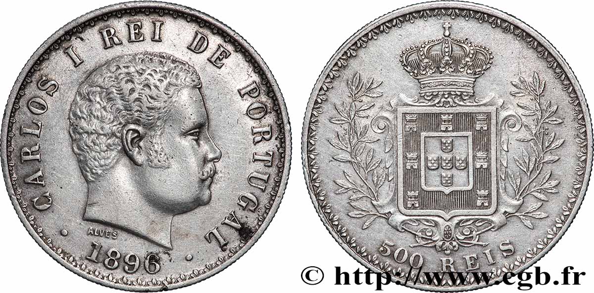PORTUGAL - ROYAUME DU PORTUGAL - CHARLES Ier 500 Reis 1896 Lisbonne TTB+