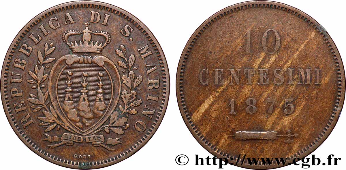 SAN MARINO 10 Centesimi écu aux trois tours 1875 Milan SS