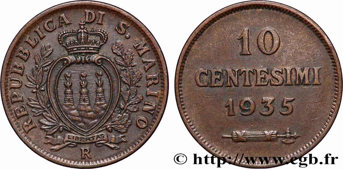 SAN MARINO 10 Centesimi écu aux trois tours 1935 Rome - R fVZ