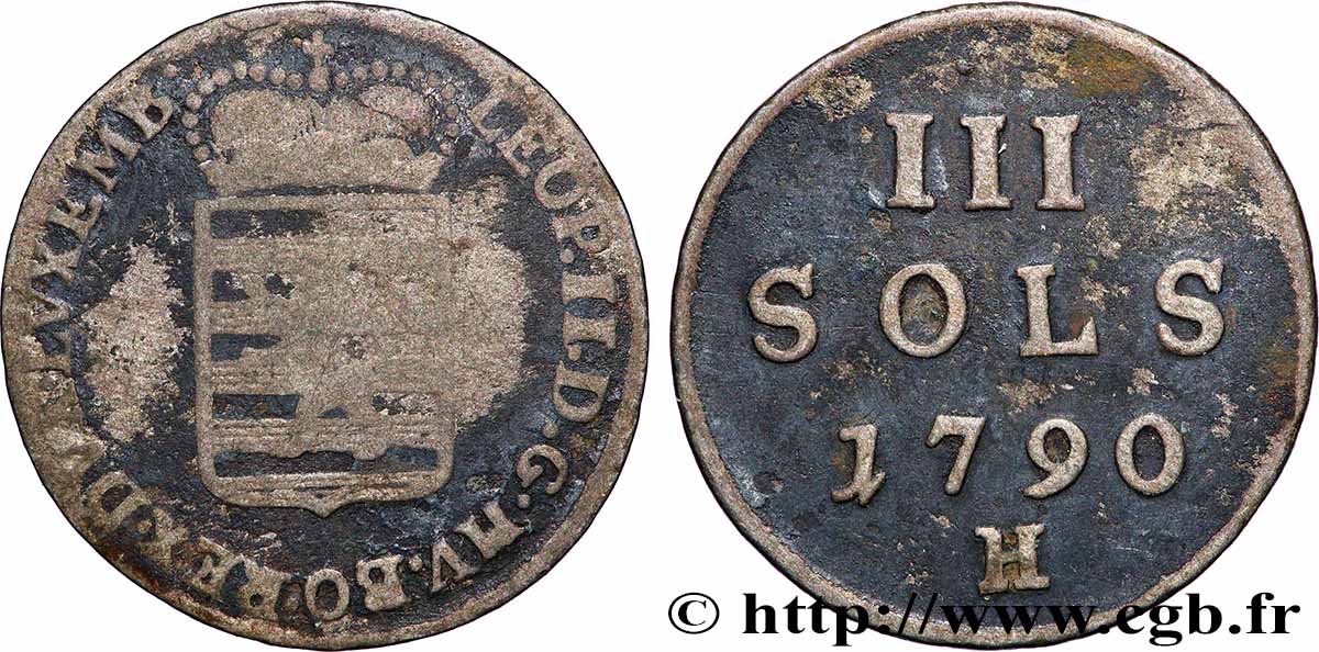 LUXEMBOURG 3 (III) Sols emblème frappe au nom de Léopold II 1790 Günzburg VF