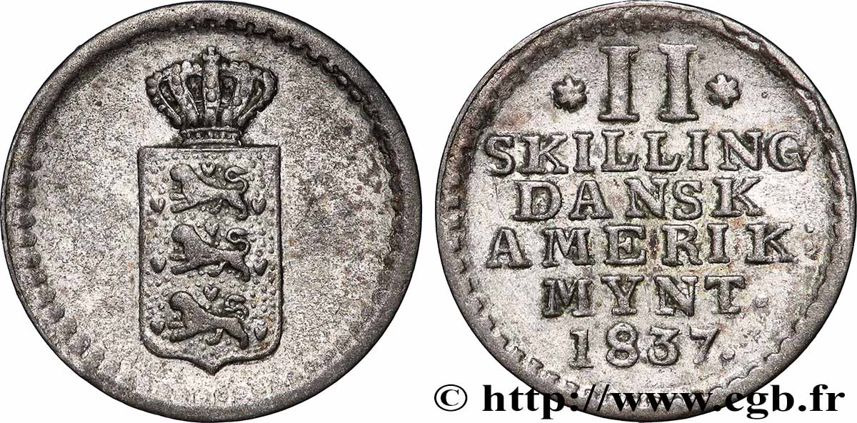 DÄNISCHE-OSTINDIEN 2 Skilling Frederik VI 1837 SS