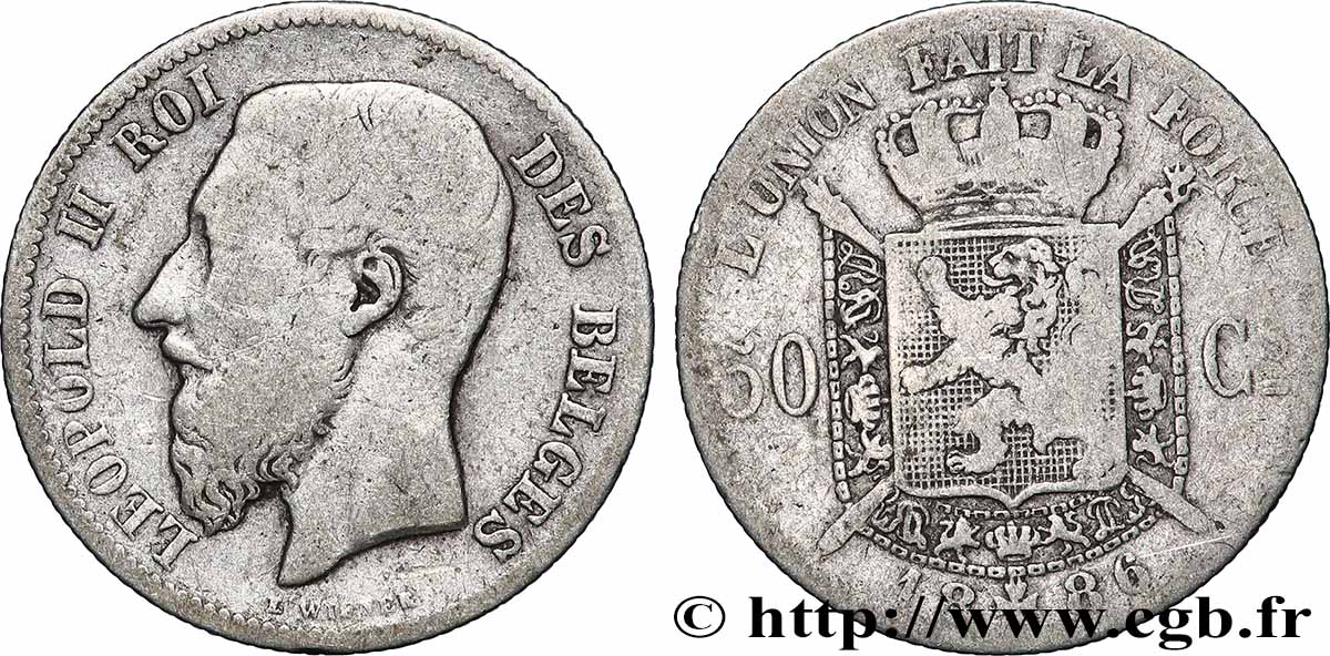 BELGIQUE 50 Centimes Léopold II légende française signature L WIENER 1886 Bruxelles TB