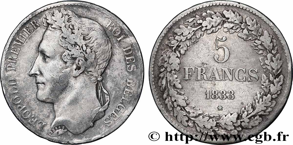 BÉLGICA 5 Francs Léopold Ier 1833 BC+