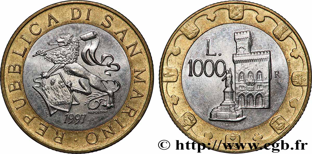 SAN MARINO 1000 Lire lion héraldique / le Palazzo Publico 1997 Rome VZ