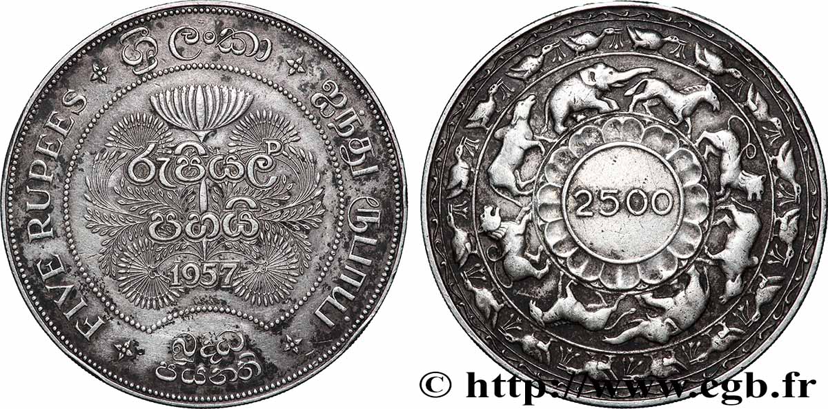 CEILáN 5 Roupies (Rupees) 2500 ans de Bouddhisme 1957 MBC+