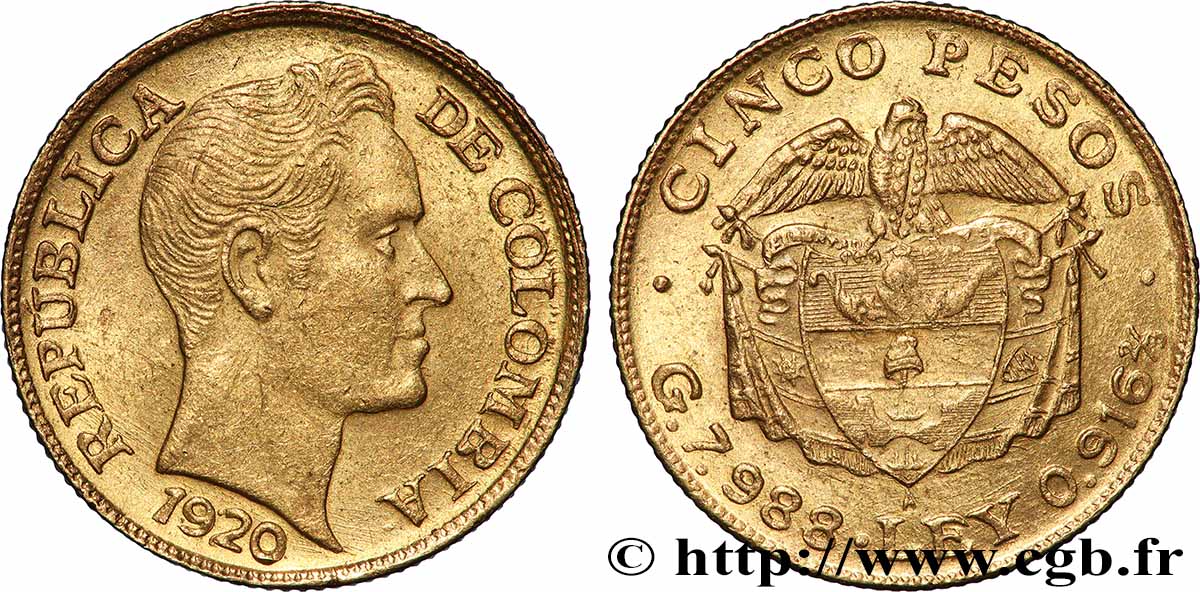 KOLUMBIEN 5 Pesos or type grosse tête Simon Bolivar 1920 Bogota fVZ