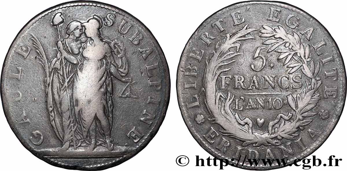 ITALY - SUBALPINE GAUL 5 Francs an 10 1802 Turin VF
